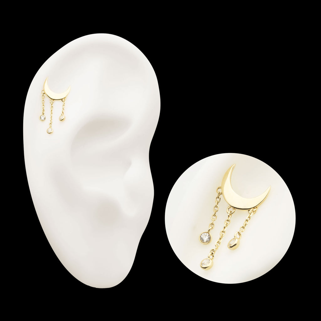 Crescent Moon with Bezel Set CZ Dangle Triple Chain Flatback Stud Earring / Nosering - CZ in 14Kt Gold