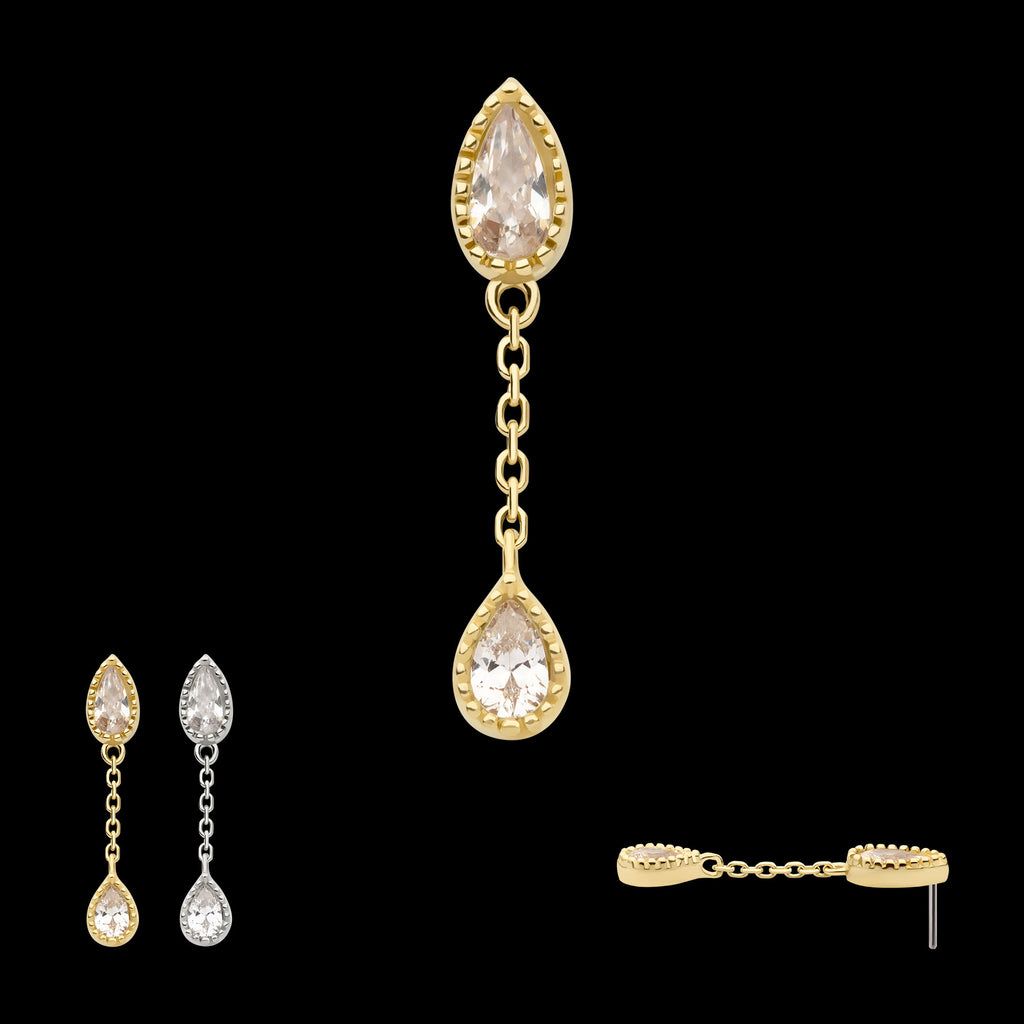 Double Teardrop CZ Dangle Chain Flatback Stud Earring / Nosering - CZ in 14Kt Yellow Gold