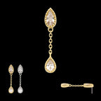 Double Teardrop CZ Dangle Chain Flatback Stud Earring / Nosering - CZ in 14Kt Yellow Gold