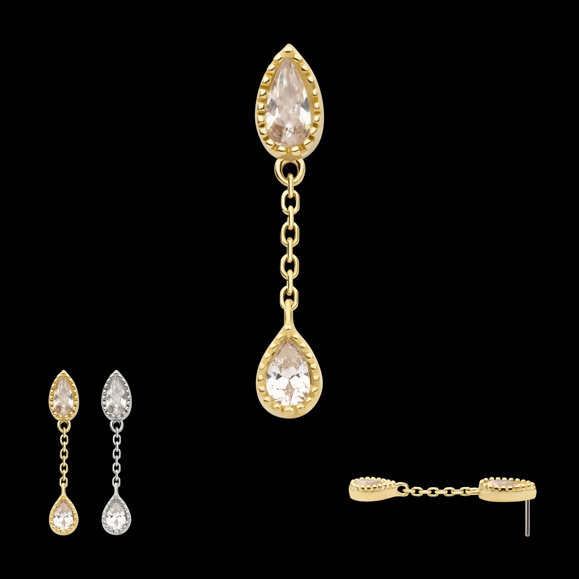 Double Teardrop CZ Dangle Chain Flatback Stud Earring / Nosering - CZ in 14Kt Yellow Gold