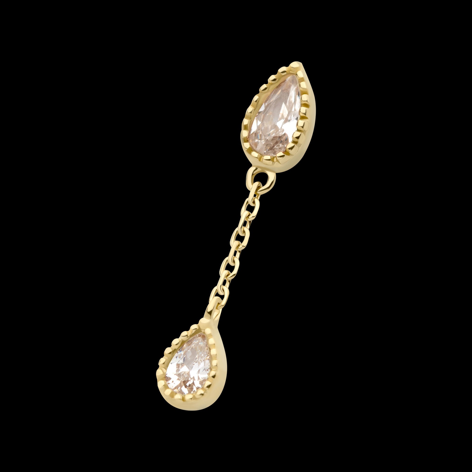 Double Teardrop CZ Dangle Chain Flatback Stud Earring / Nosering - CZ in 14Kt Yellow Gold