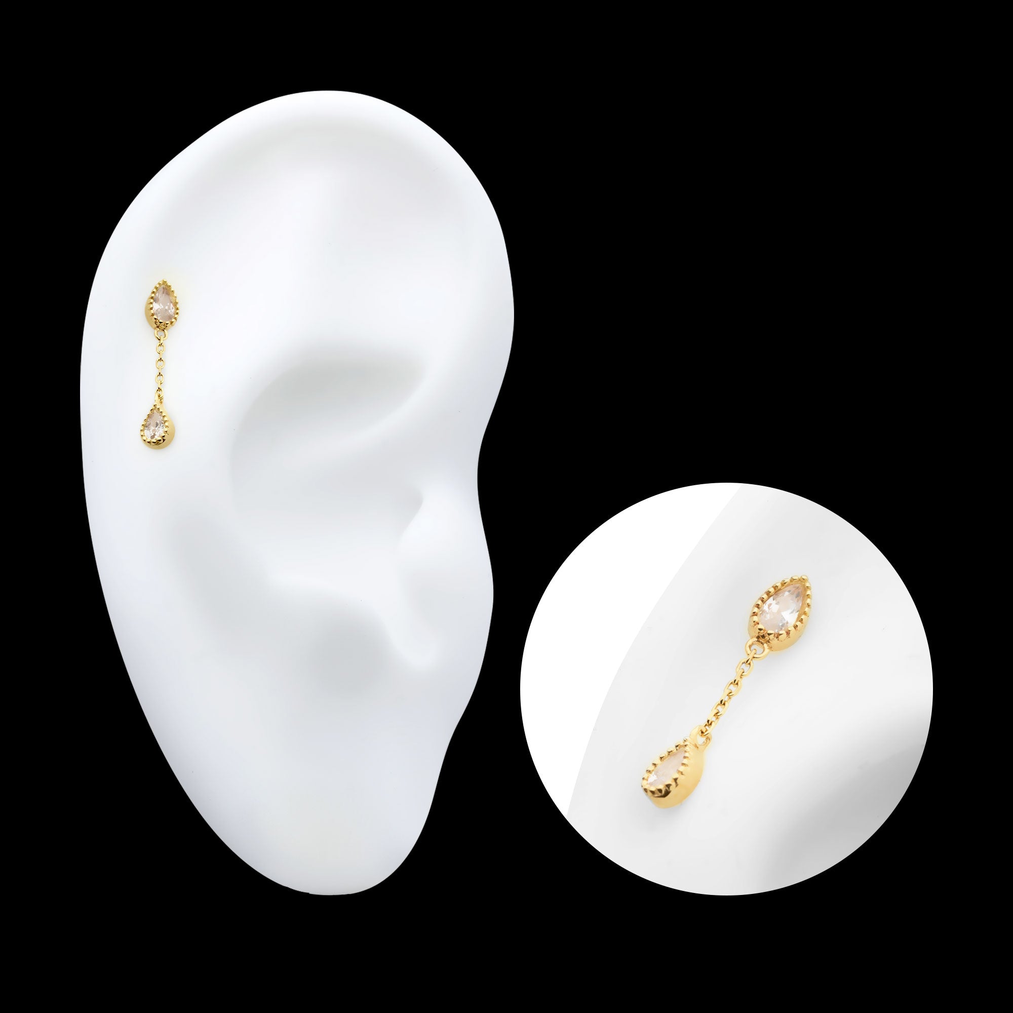 Double Teardrop CZ Dangle Chain Flatback Stud Earring / Nosering - CZ in 14Kt Yellow Gold