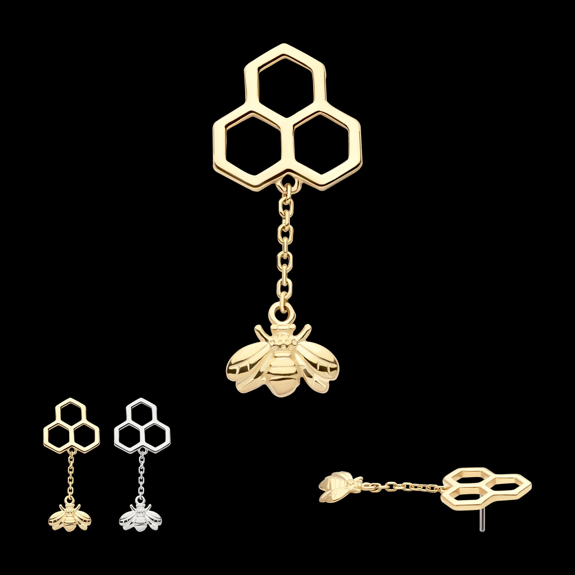 Honeycomb with Dangle Chain & Bee Flatback Stud Earring / Nosering - 14Kt Gold