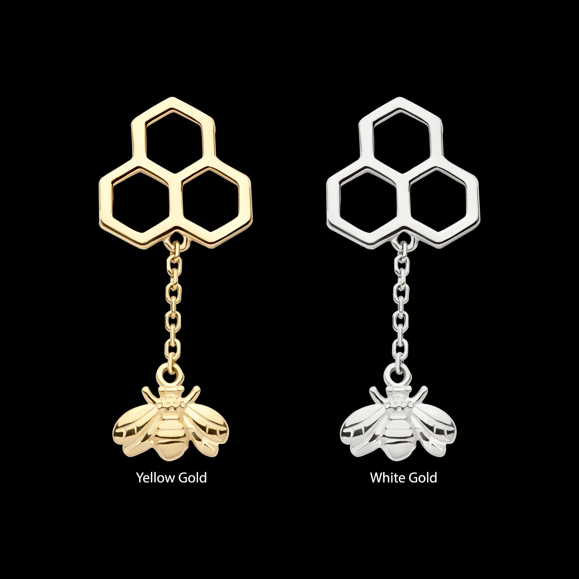 Honeycomb with Dangle Chain & Bee Flatback Stud Earring / Nosering - 14Kt Gold