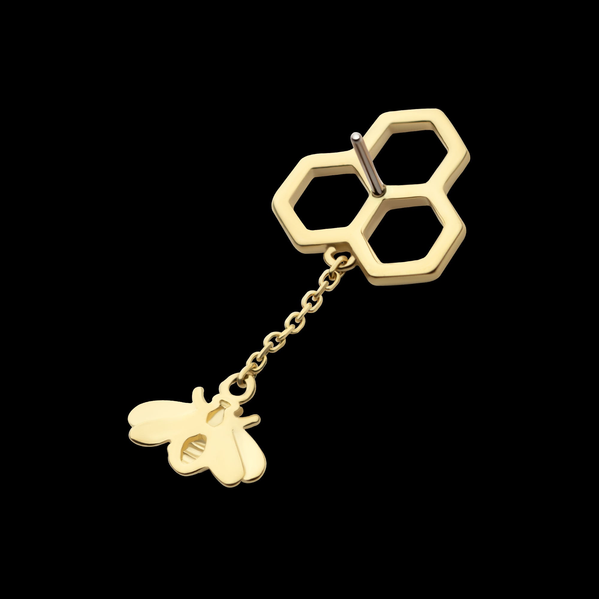 Honeycomb with Dangle Chain & Bee Flatback Stud Earring / Nosering - 14Kt Gold