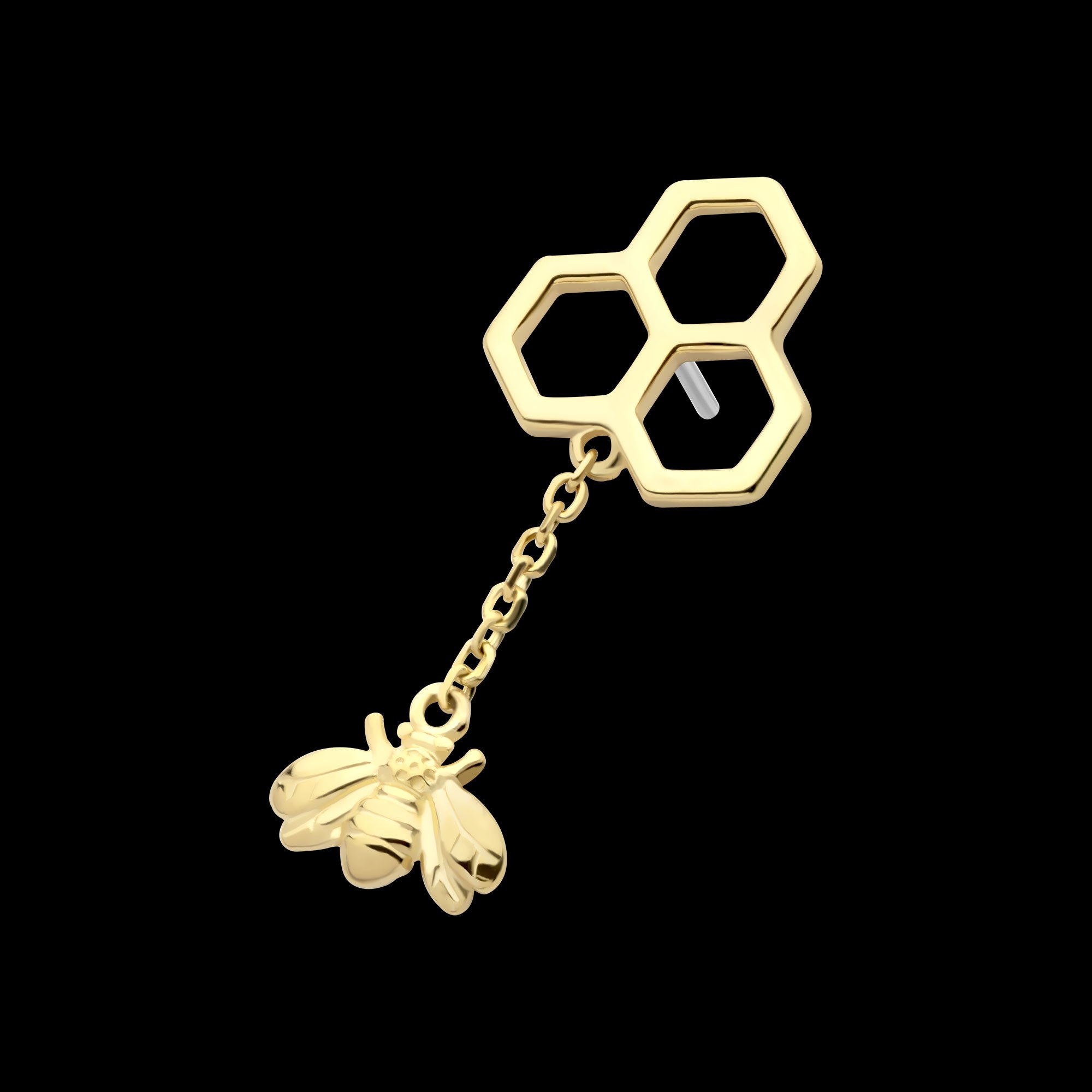 Honeycomb with Dangle Chain & Bee Flatback Stud Earring / Nosering - 14Kt Gold