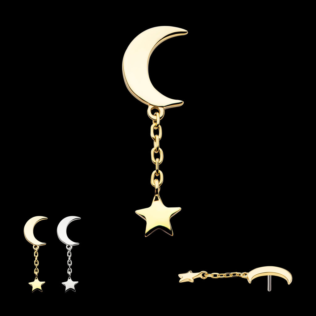 Crescent Moon with Dangle Chain & Star Flatback Stud Earring / Nosering - 14Kt Gold