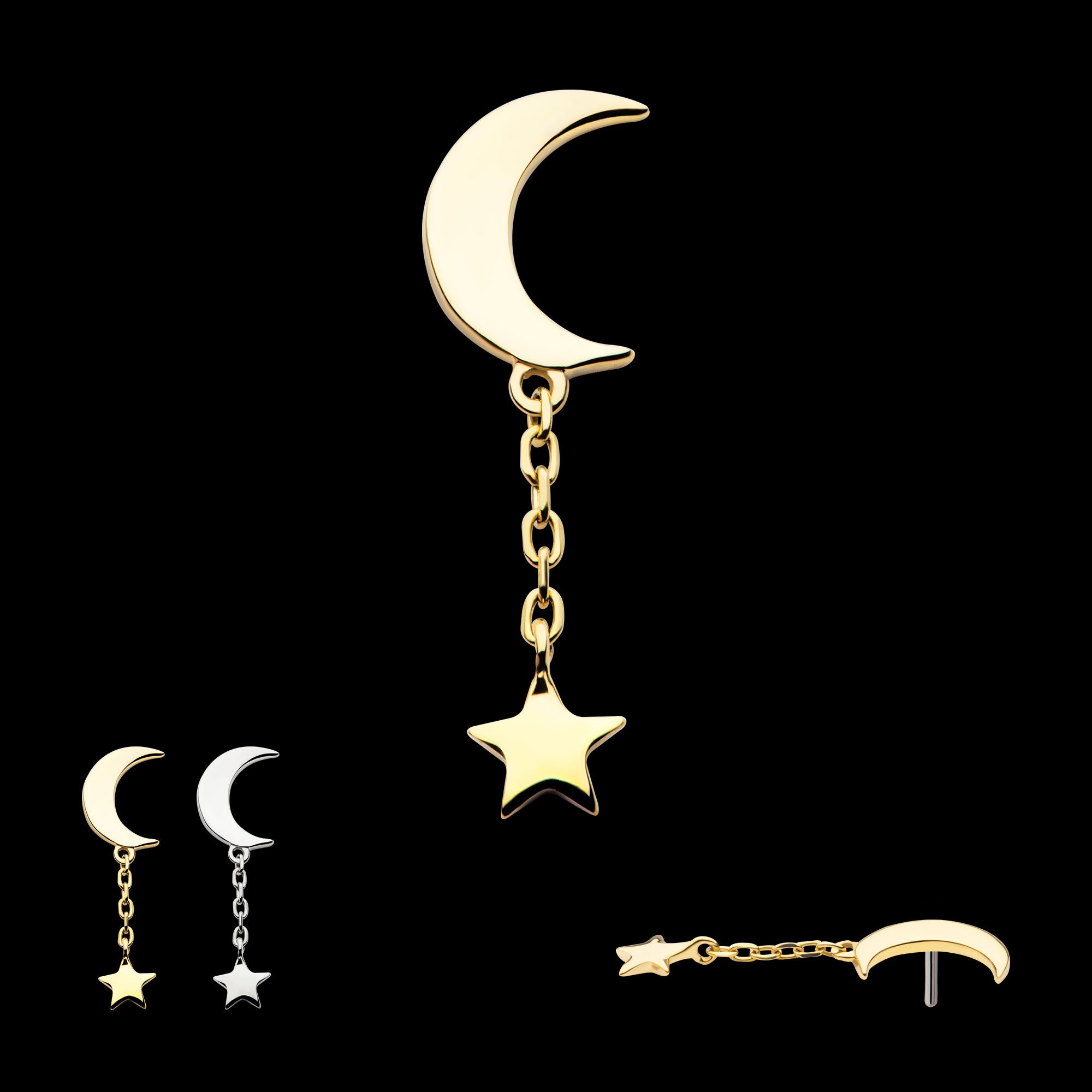 Crescent Moon with Dangle Chain & Star Flatback Stud Earring / Nosering - 14Kt Gold