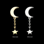 Crescent Moon with Dangle Chain & Star Flatback Stud Earring / Nosering - 14Kt Gold