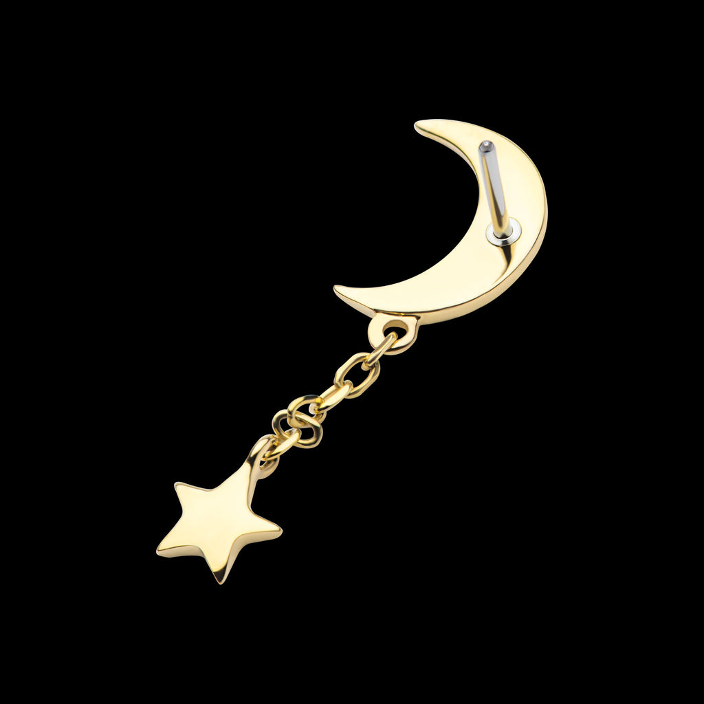 Crescent Moon with Dangle Chain & Star Flatback Stud Earring / Nosering - 14Kt Gold
