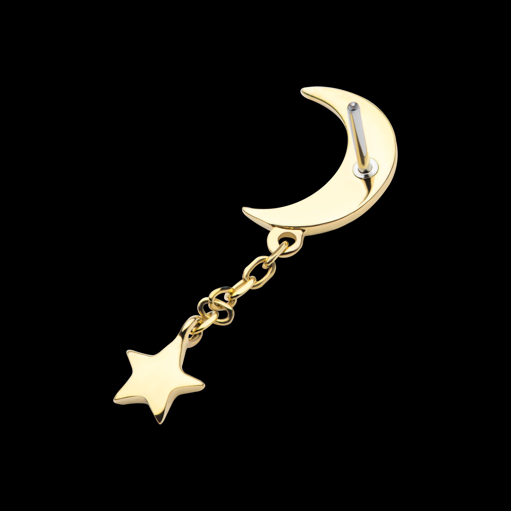 Crescent Moon with Dangle Chain & Star Flatback Stud Earring / Nosering - 14Kt Gold