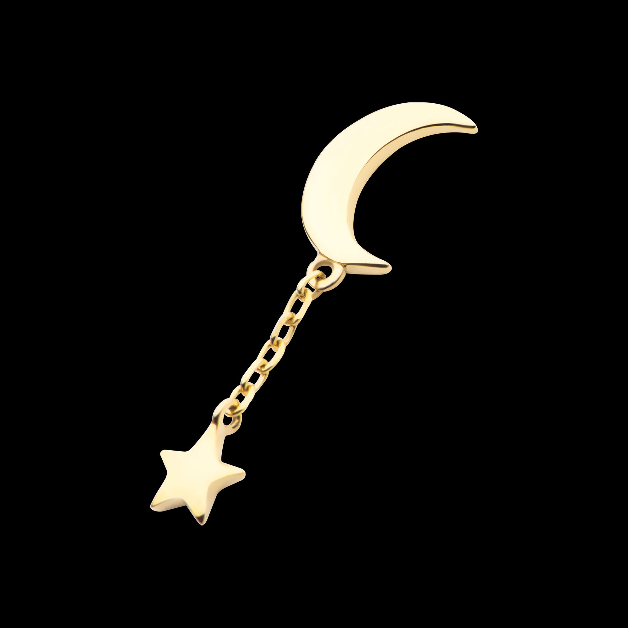 Crescent Moon with Dangle Chain & Star Flatback Stud Earring / Nosering - 14Kt Gold