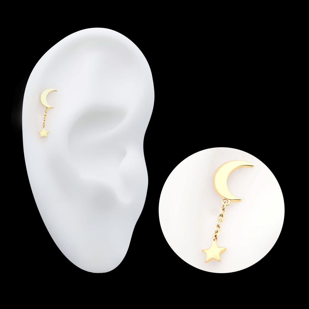 Crescent Moon with Dangle Chain & Star Flatback Stud Earring / Nosering - 14Kt Gold