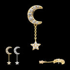 Pave Set CZ Crescent Moon with Pave Set CZ Star Dangle Chain Flatback Stud Earring / Nosering - CZ in 14Kt Gold