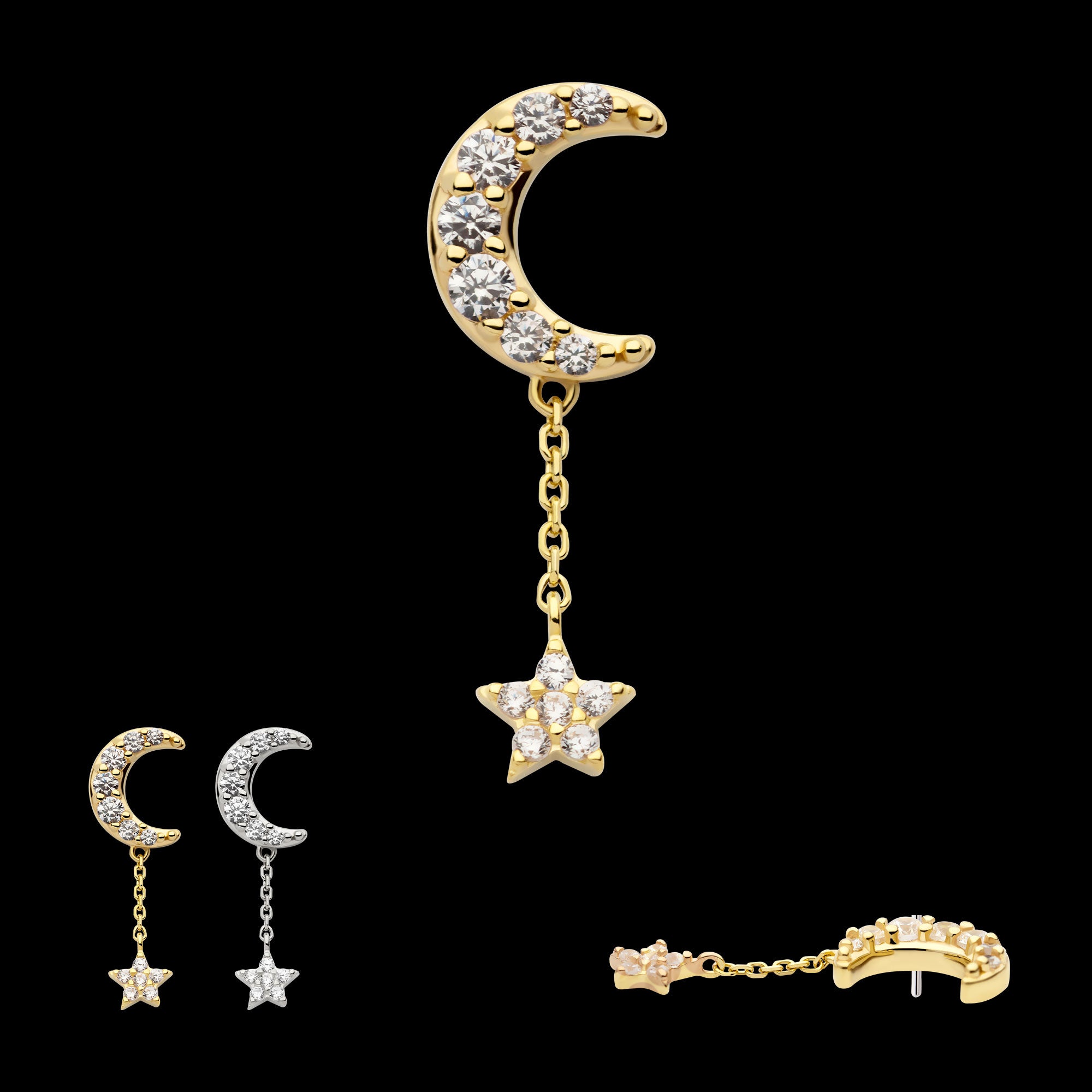 Pave Set CZ Crescent Moon with Pave Set CZ Star Dangle Chain Flatback Stud Earring / Nosering - CZ in 14Kt Gold