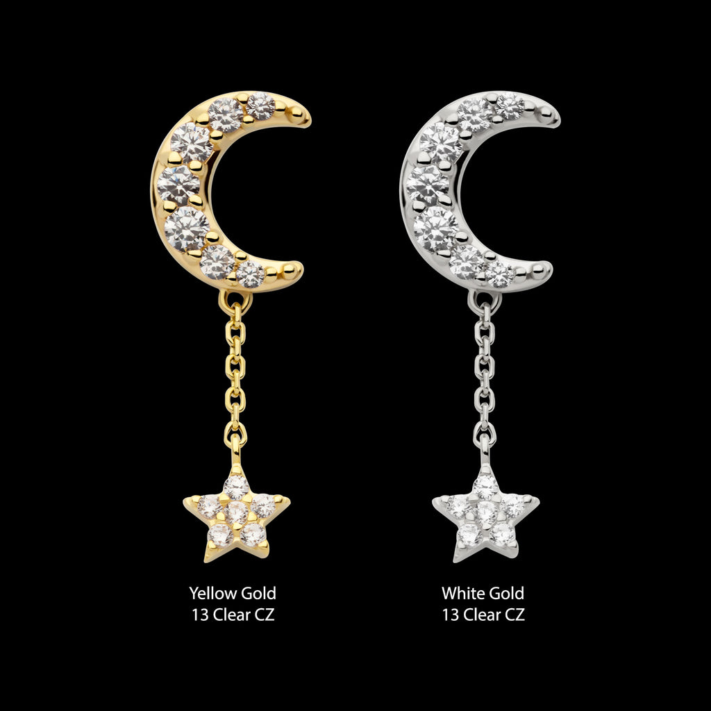 Pave Set CZ Crescent Moon with Pave Set CZ Star Dangle Chain Flatback Stud Earring / Nosering - CZ in 14Kt Gold