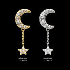 Pave Set CZ Crescent Moon with Pave Set CZ Star Dangle Chain Flatback Stud Earring / Nosering - CZ in 14Kt Gold