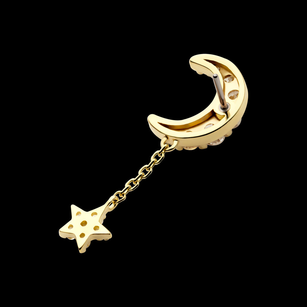 Pave Set CZ Crescent Moon with Pave Set CZ Star Dangle Chain Flatback Stud Earring / Nosering - CZ in 14Kt Gold