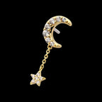 Pave Set CZ Crescent Moon with Pave Set CZ Star Dangle Chain Flatback Stud Earring / Nosering - CZ in 14Kt Gold