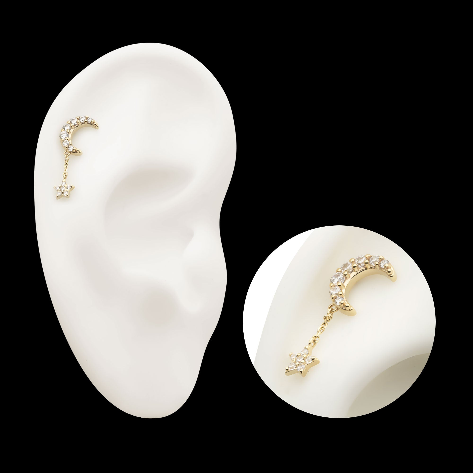 Pave Set CZ Crescent Moon with Pave Set CZ Star Dangle Chain Flatback Stud Earring / Nosering - CZ in 14Kt Gold