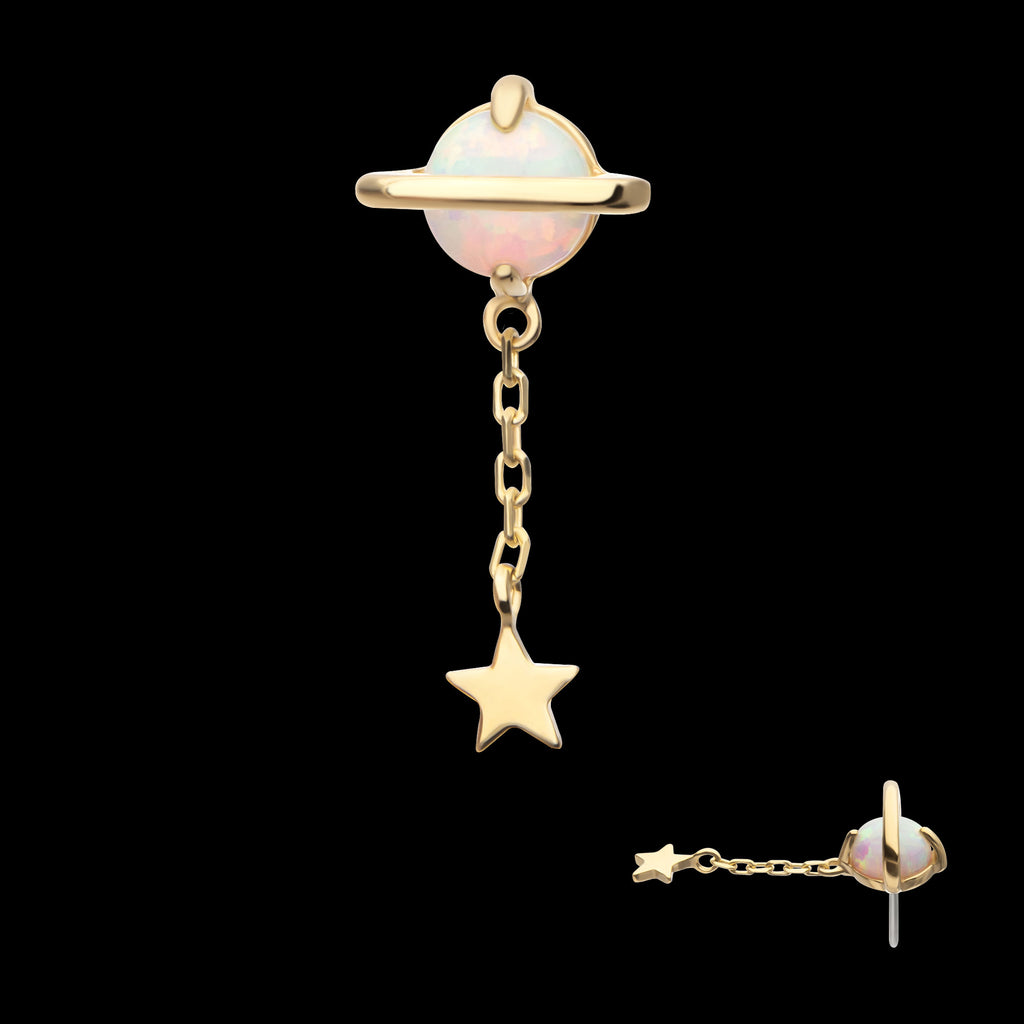 Opal Planet with Chain Star Dangle Flatback Stud Earring / Nosering - Opal in 14Kt Yellow Gold