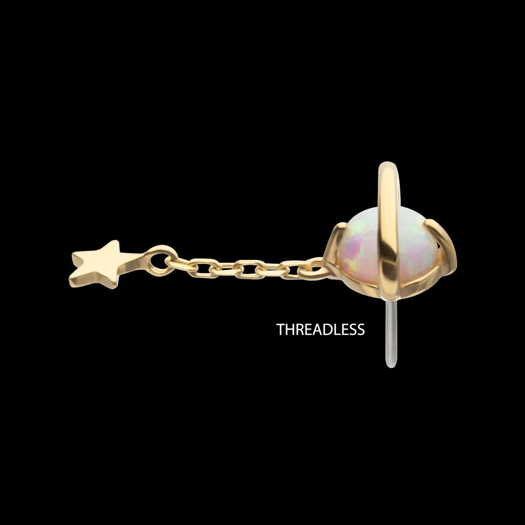 Opal Planet with Chain Star Dangle Flatback Stud Earring / Nosering - Opal in 14Kt Yellow Gold