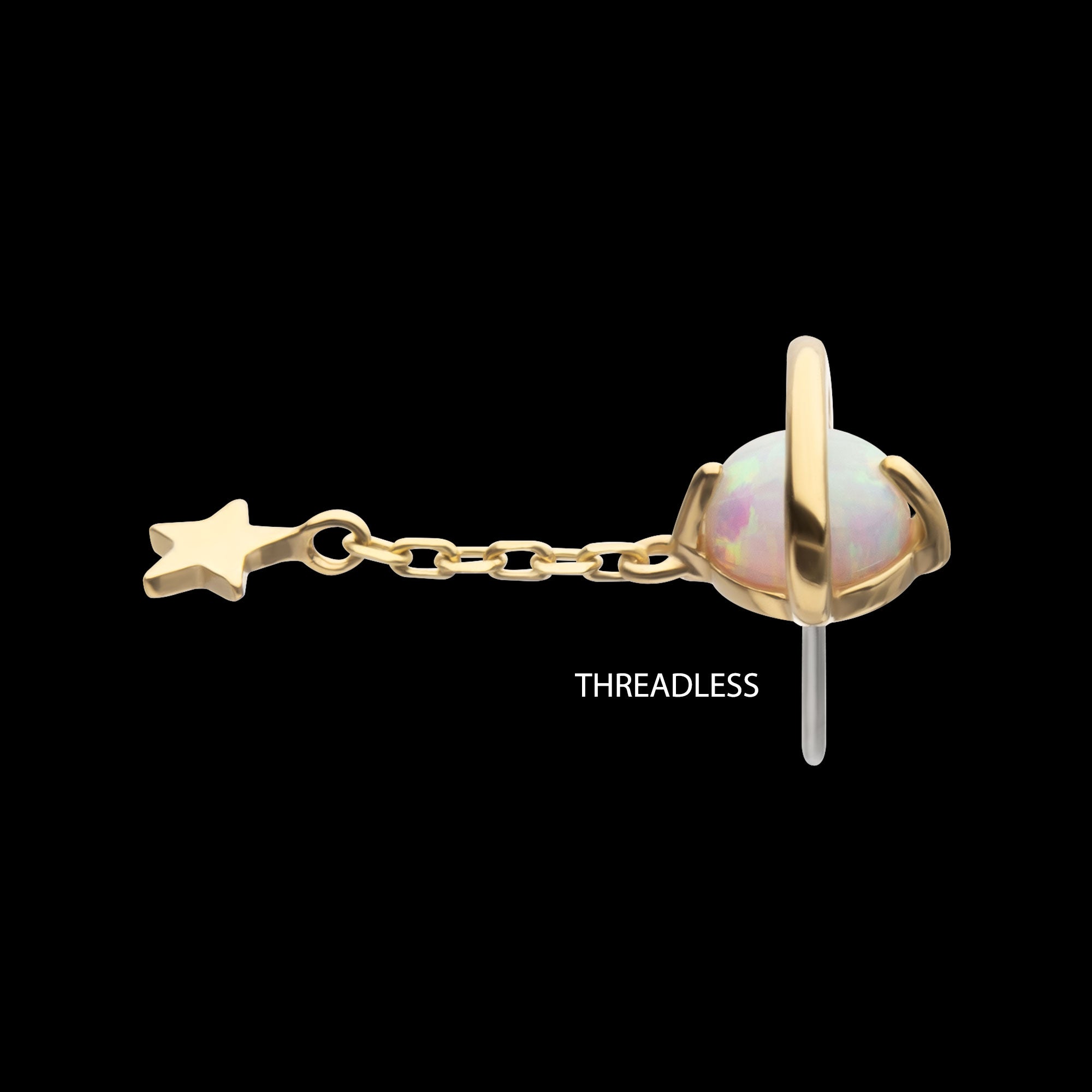 Opal Planet with Chain Star Dangle Flatback Stud Earring / Nosering - Opal in 14Kt Yellow Gold