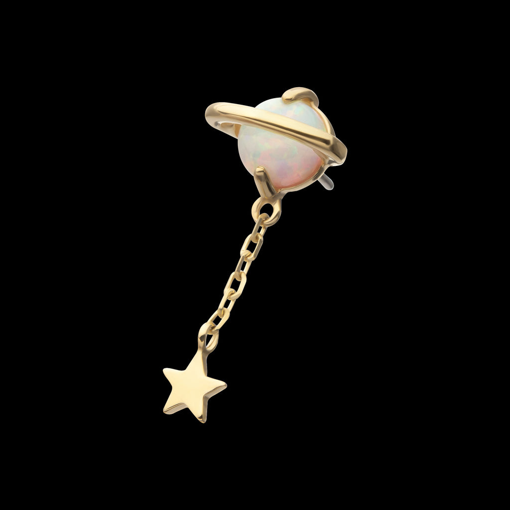 Opal Planet with Chain Star Dangle Flatback Stud Earring / Nosering - Opal in 14Kt Yellow Gold