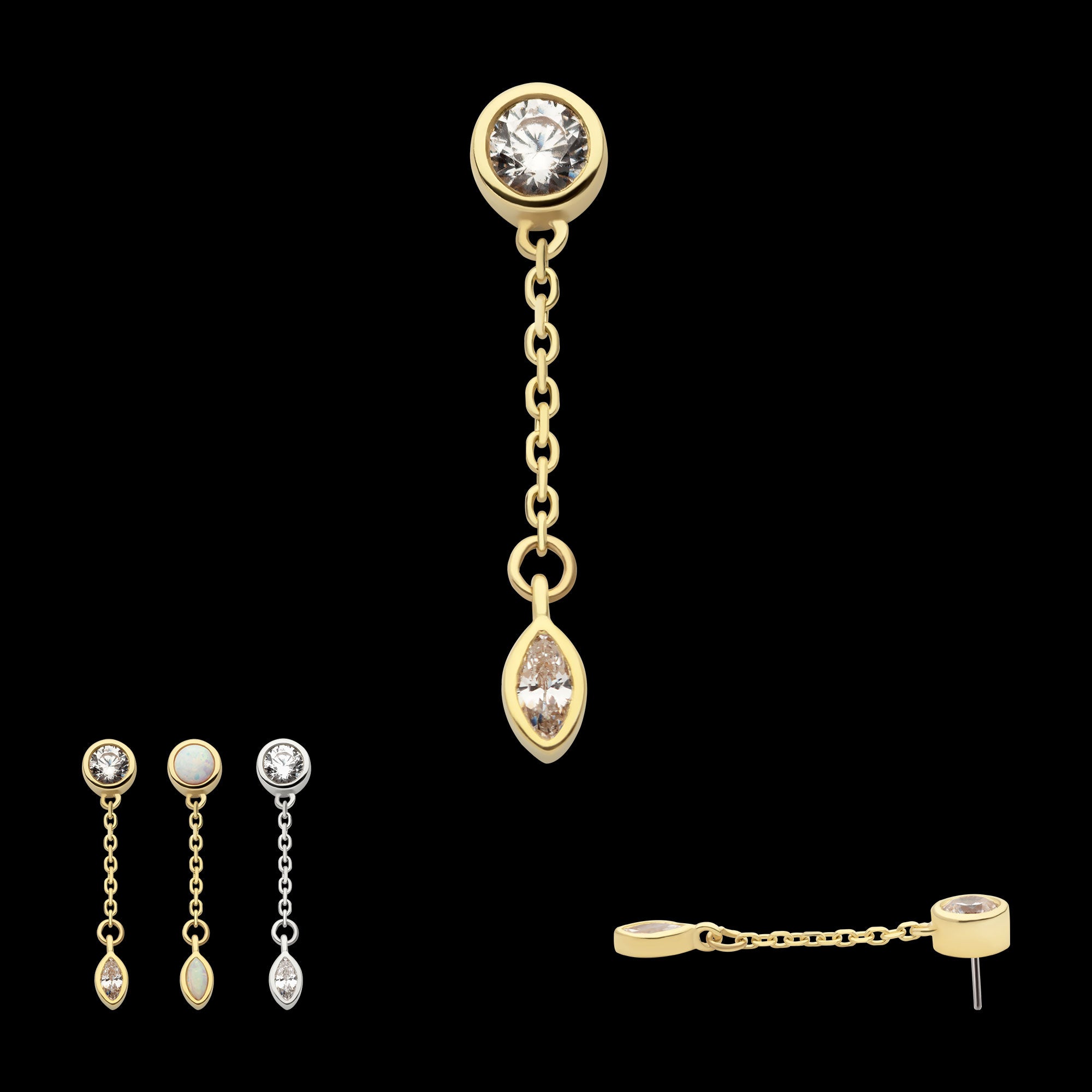 Bezel Set Round & Marquise CZ with Dangle Chain Flatback Stud Earring / Nosering - CZ in 14Kt Gold