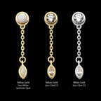 Bezel Set Round & Marquise CZ with Dangle Chain Flatback Stud Earring / Nosering - CZ in 14Kt Gold