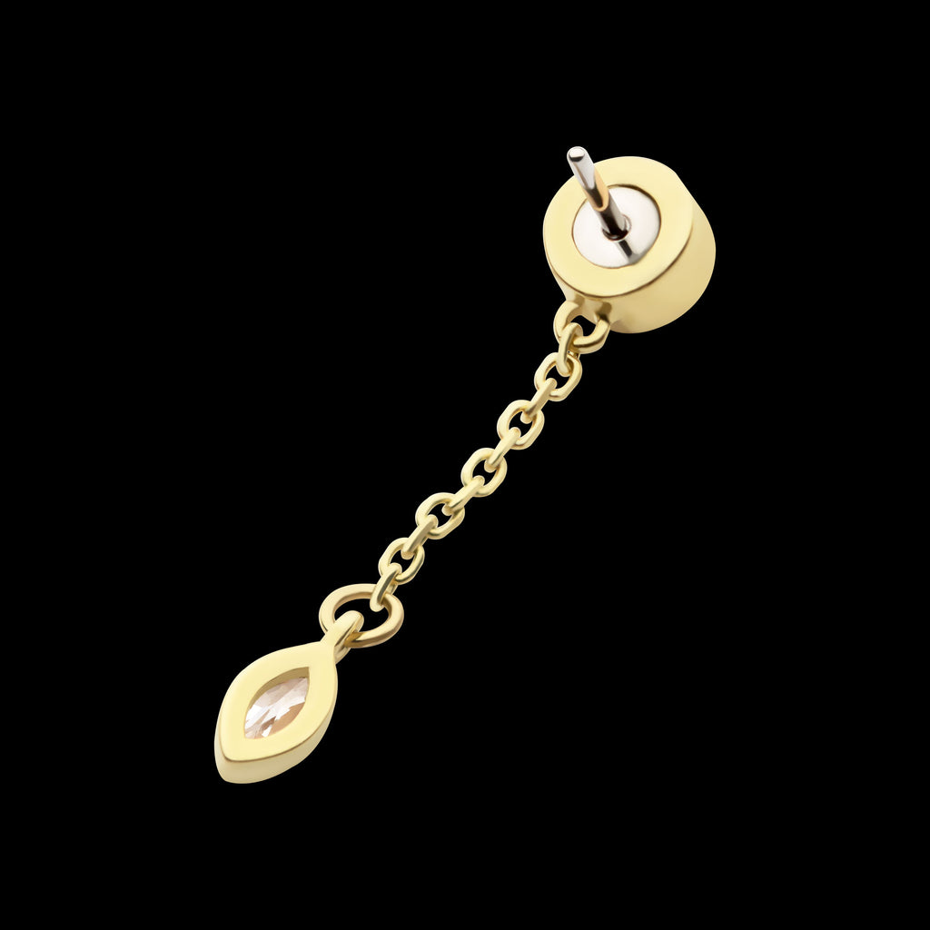 Bezel Set Round & Marquise CZ with Dangle Chain Flatback Stud Earring / Nosering - CZ in 14Kt Gold