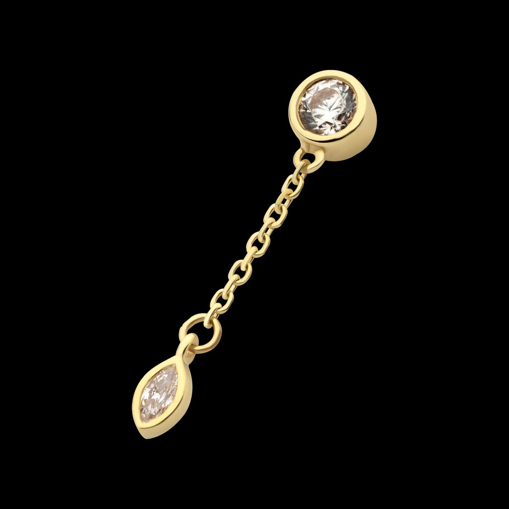 Bezel Set Round & Marquise CZ with Dangle Chain Flatback Stud Earring / Nosering - CZ in 14Kt Gold