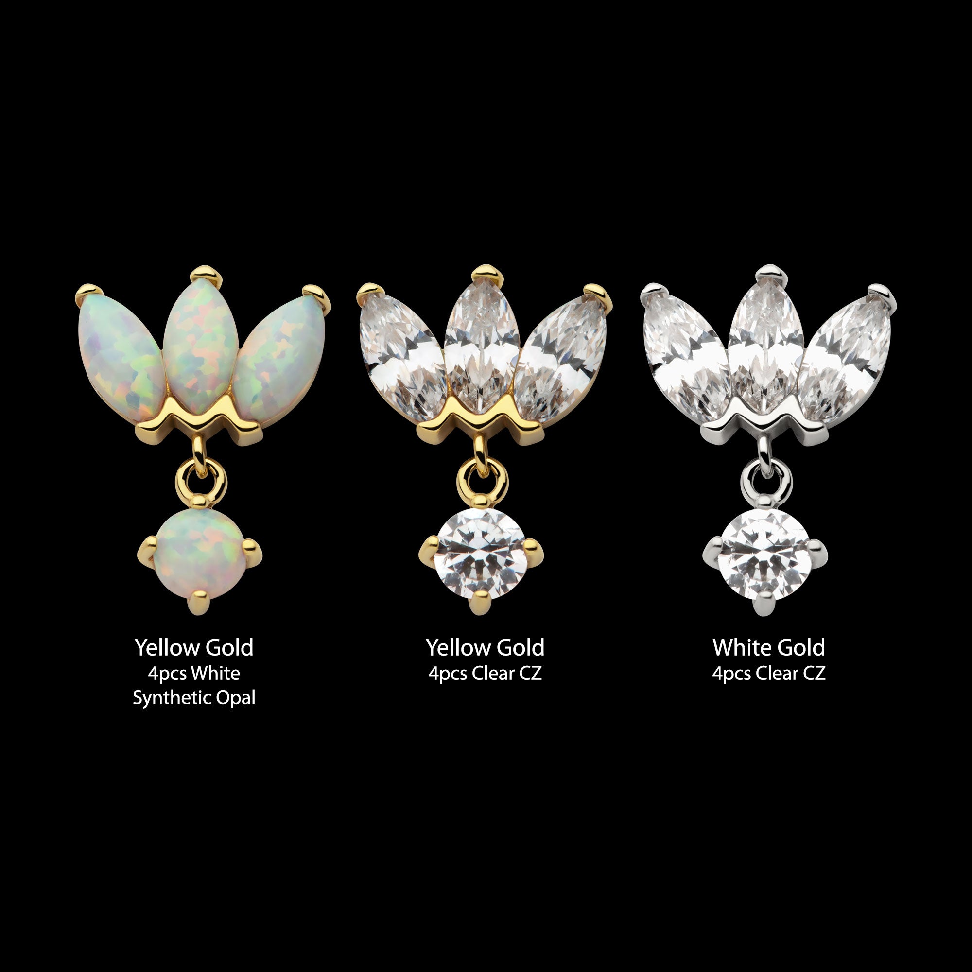 3 Cluster Fan Shape Marquise CZ/Opal with Dangle Prong Set CZ/Opal Flatback Stud Earring / Nosering - Opal & CZ & Opal & CZ in 14Kt Gold