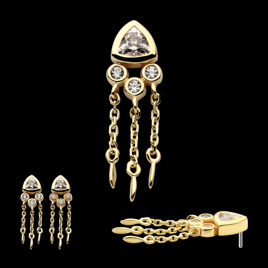 Bezel Round & Trillion CZ with Triple Dangle Chain Flatback Stud Earring / Nosering - CZ in 14Kt Yellow Gold