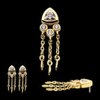 Bezel Round & Trillion CZ with Triple Dangle Chain Flatback Stud Earring / Nosering - CZ in 14Kt Yellow Gold