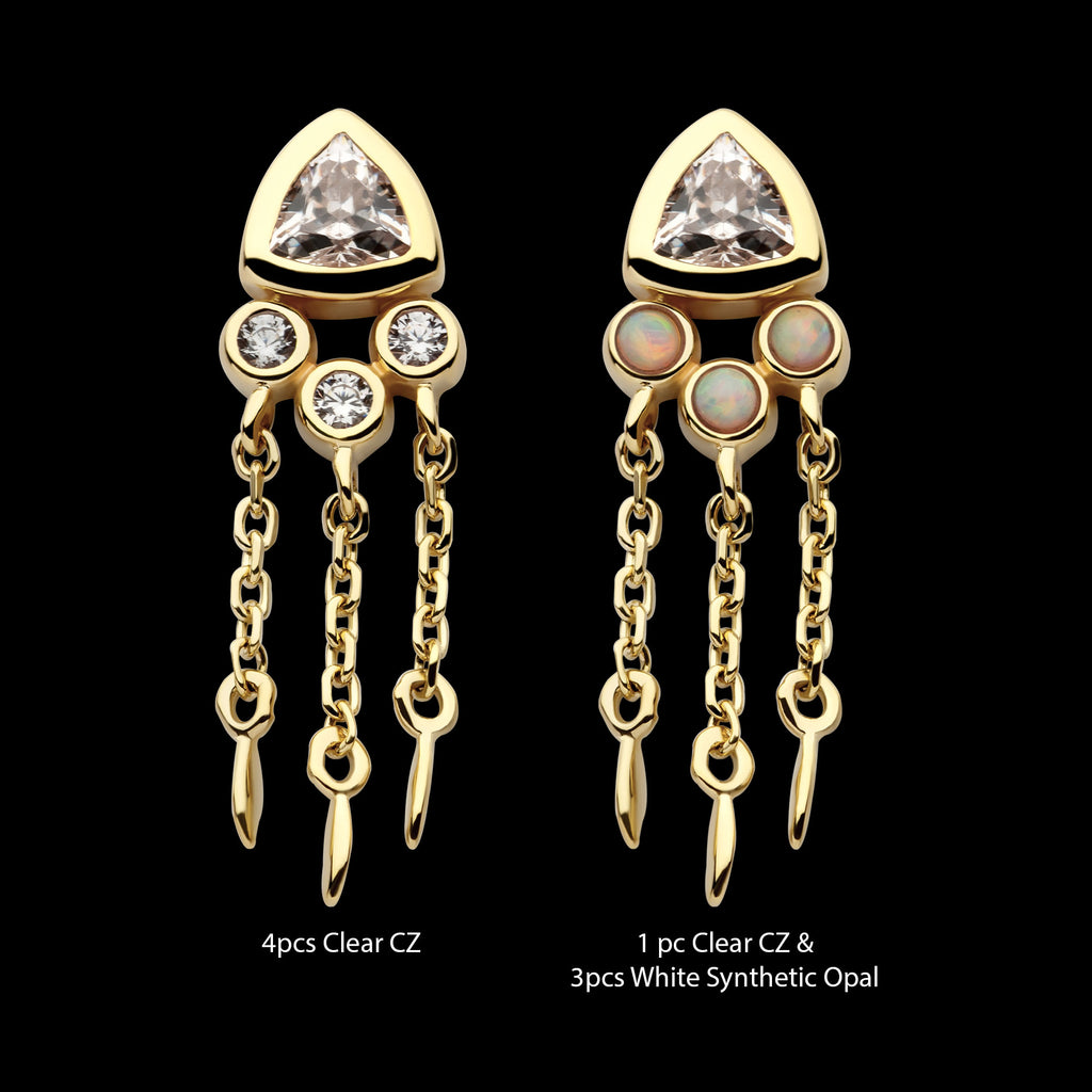 Bezel Round & Trillion CZ with Triple Dangle Chain Flatback Stud Earring / Nosering - CZ in 14Kt Yellow Gold