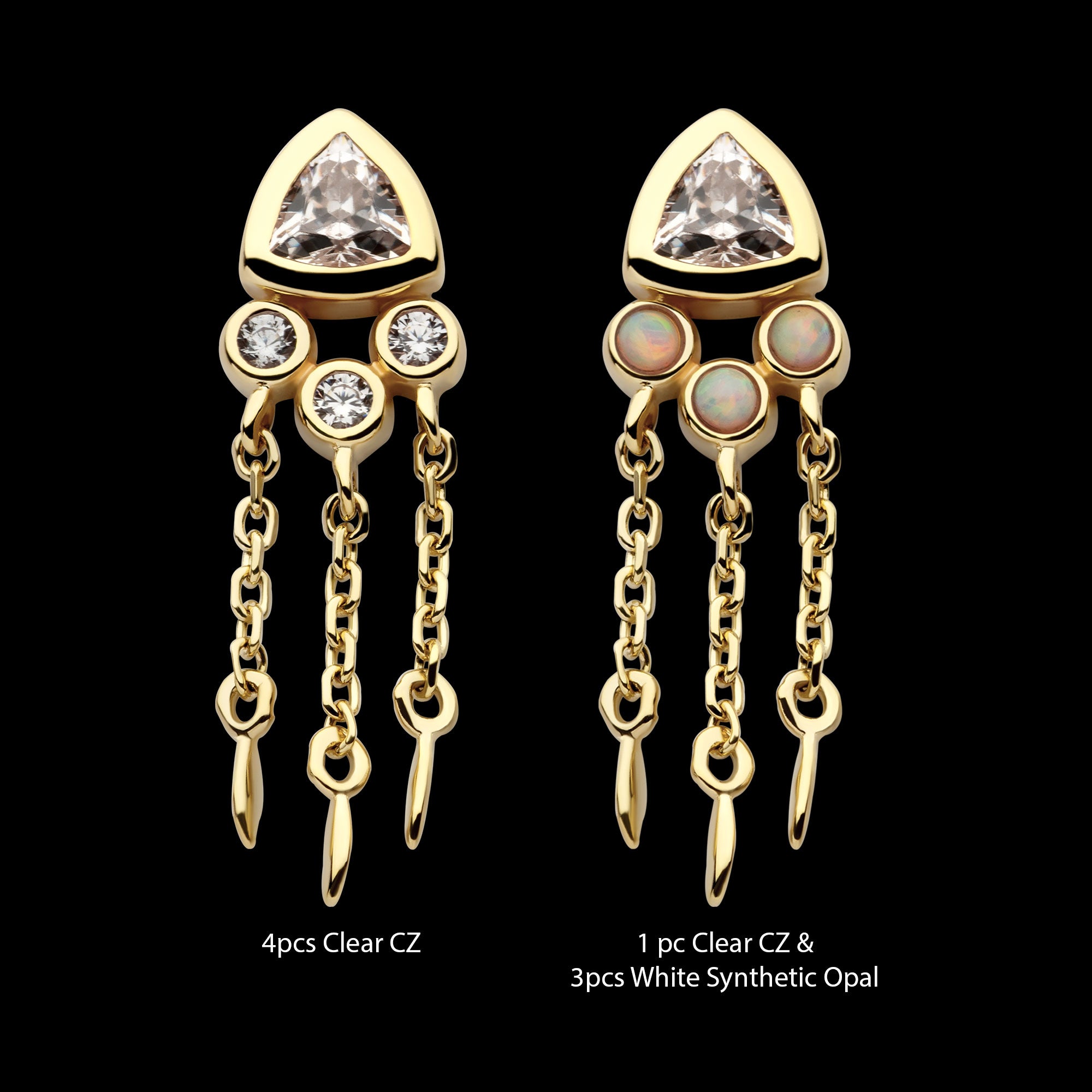 Bezel Round & Trillion CZ with Triple Dangle Chain Flatback Stud Earring / Nosering - CZ in 14Kt Yellow Gold
