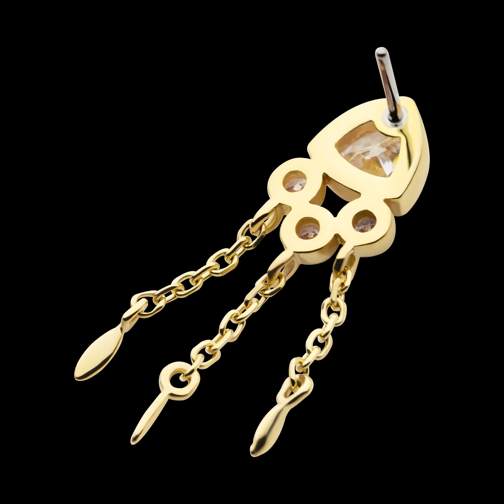 Bezel Round & Trillion CZ with Triple Dangle Chain Flatback Stud Earring / Nosering - CZ in 14Kt Yellow Gold
