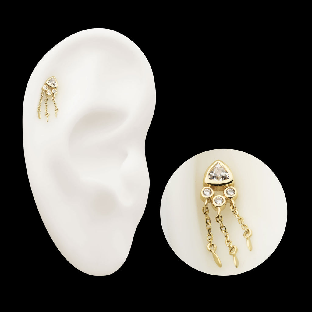 Bezel Round & Trillion CZ with Triple Dangle Chain Flatback Stud Earring / Nosering - CZ in 14Kt Yellow Gold
