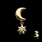 Crescent Moon with Dangle CZ Star Flatback Stud Earring / Nosering - CZ in 14Kt Yellow Gold