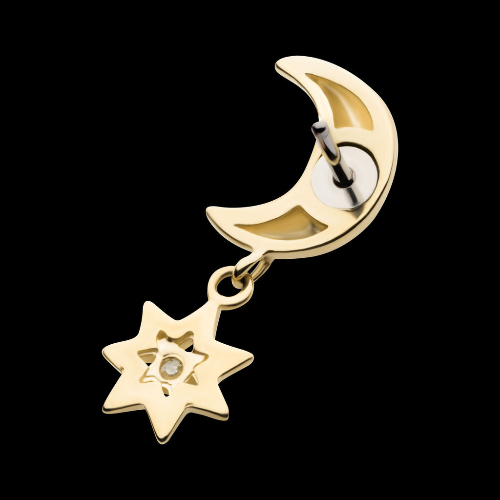 Crescent Moon with Dangle CZ Star Flatback Stud Earring / Nosering - CZ in 14Kt Yellow Gold