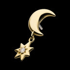 Crescent Moon with Dangle CZ Star Flatback Stud Earring / Nosering - CZ in 14Kt Yellow Gold