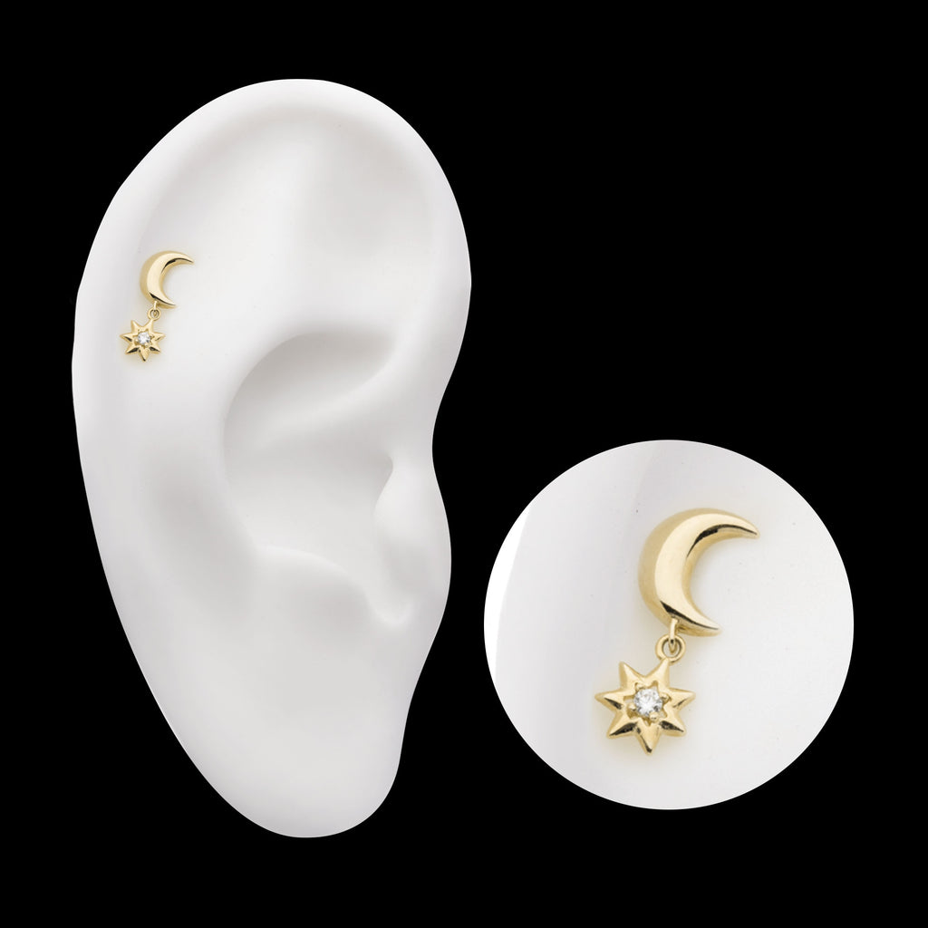 Crescent Moon with Dangle CZ Star Flatback Stud Earring / Nosering - CZ in 14Kt Yellow Gold
