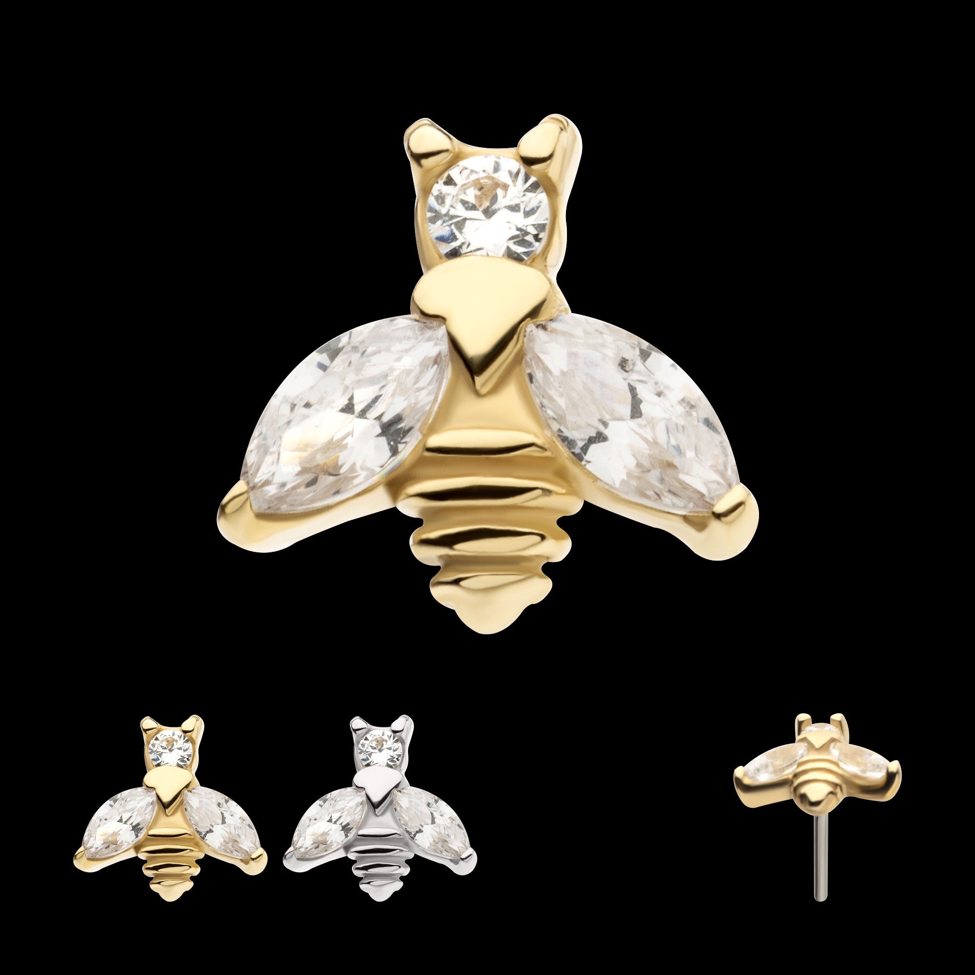 Bee with Prong Set Marquise Gem Wings Flatback Stud Earring / Nosering - Gem in 14Kt Gold
