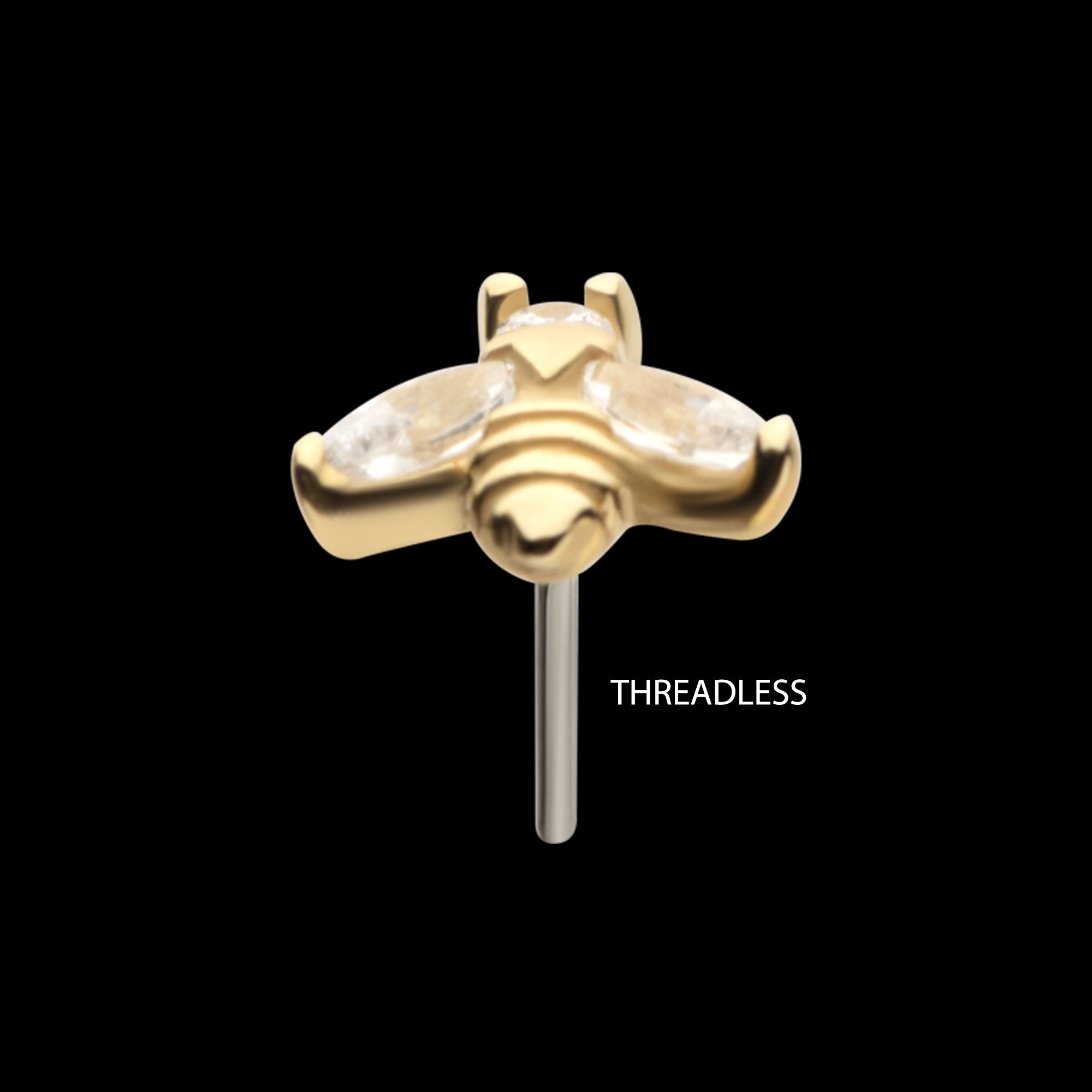 Bee with Prong Set Marquise Gem Wings Flatback Stud Earring / Nosering - Gem in 14Kt Gold