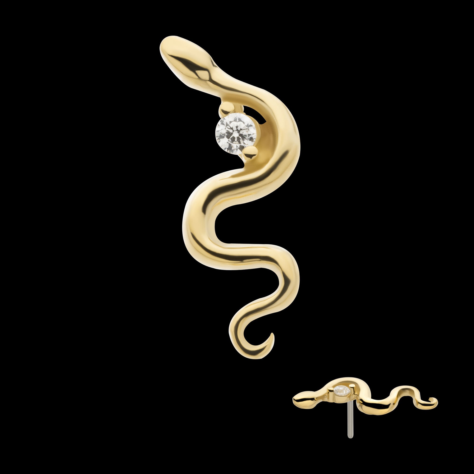 Snake with 2 Prong Clear CZ Flatback Stud Earring / Nosering - Clear CZ in 14Kt Yellow Gold