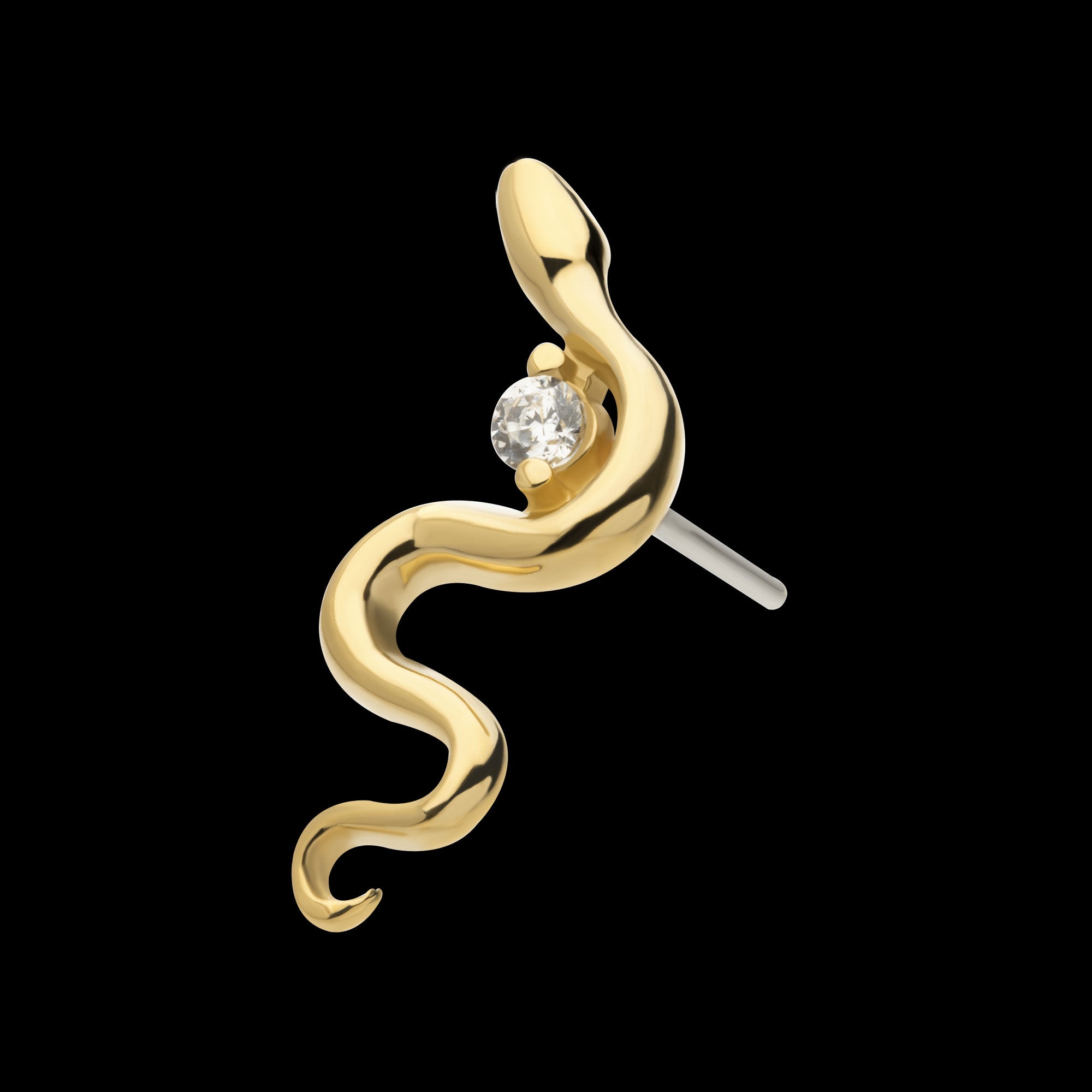 Snake with 2 Prong Clear CZ Flatback Stud Earring / Nosering - Clear CZ in 14Kt Yellow Gold