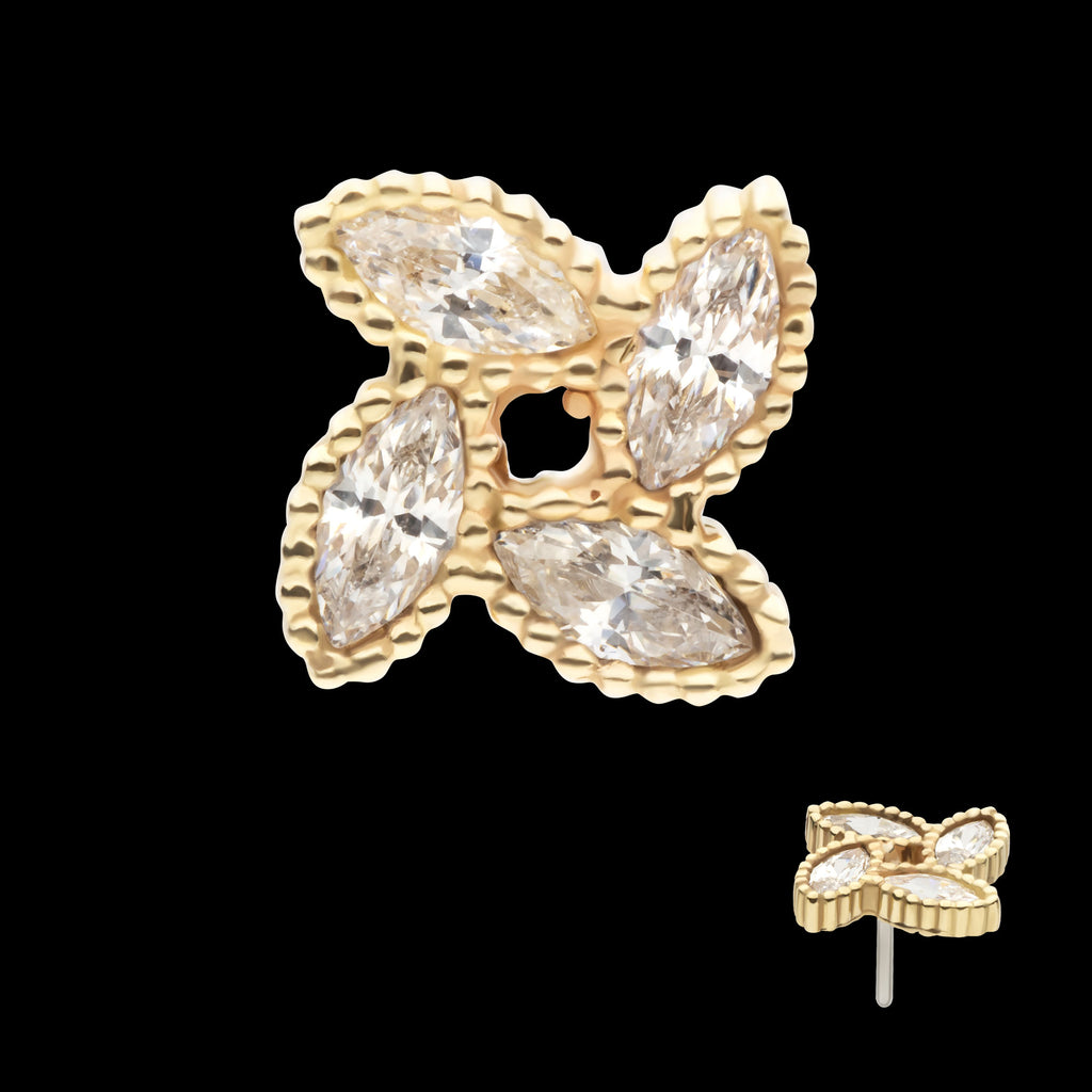 Flower with 4 Marquise Clear CZ Flatback Stud Earring / Nosering - Clear CZ in 14Kt Yellow Gold