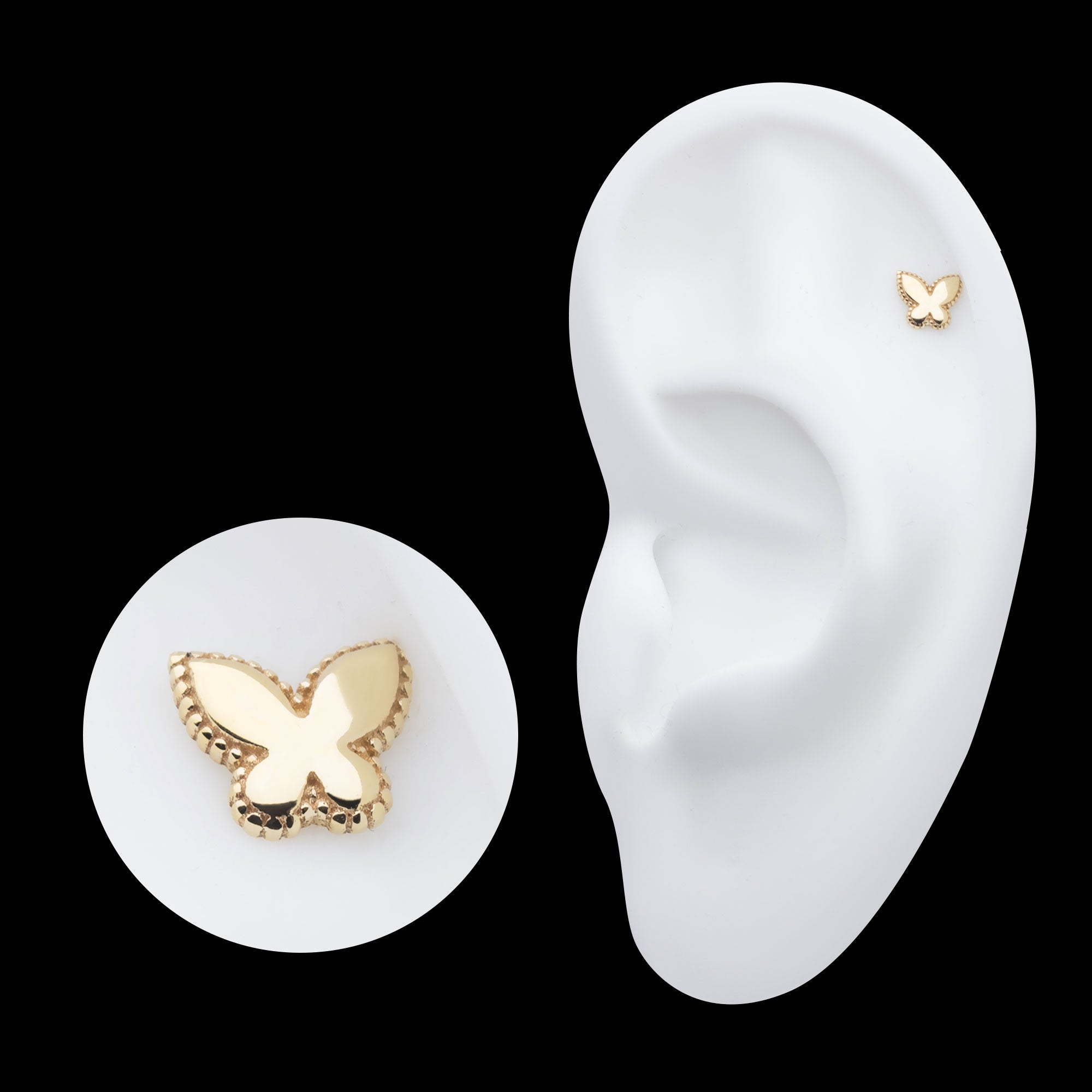 Beaded Edge Butterfly Flatback Stud Earring / Nosering - 14Kt Yellow Gold