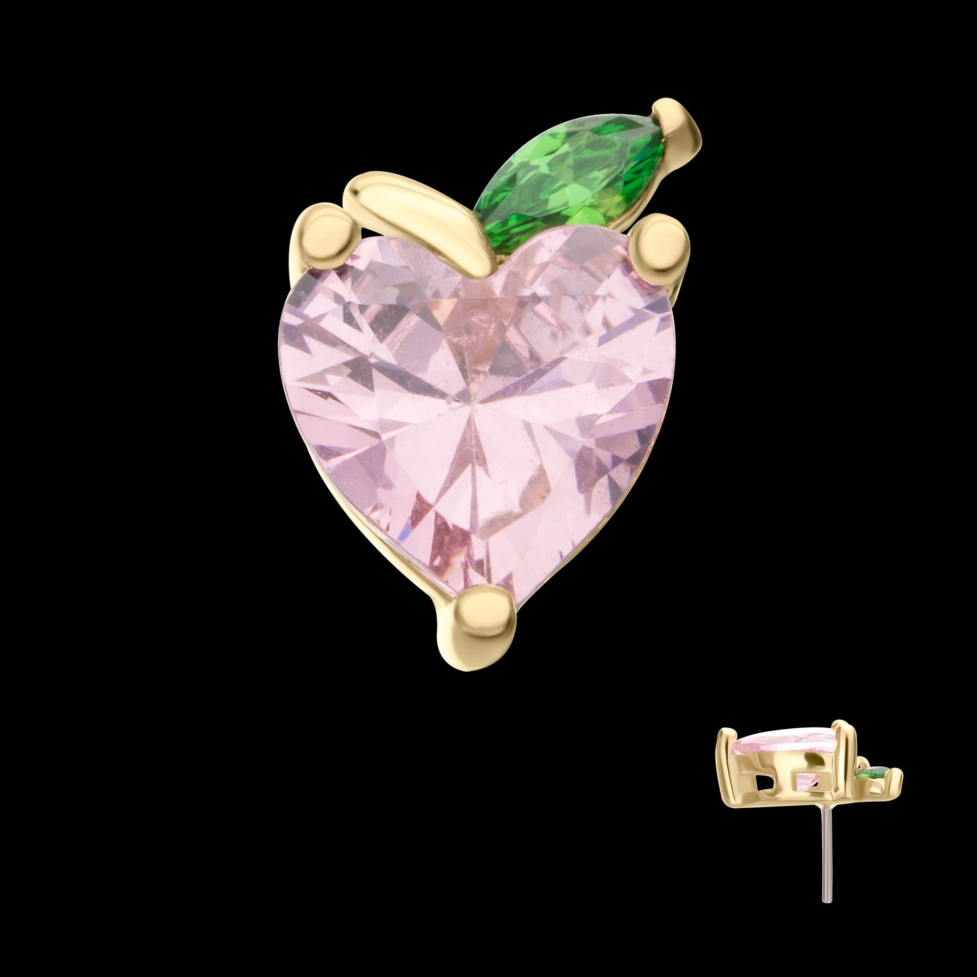 Peach Heart with Leaf Flatback Stud Earring / Nosering - 14Kt Yellow Gold